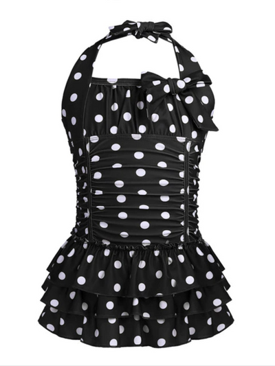 Kids Swimwear | Girls Black Polka Dot Ruched Halter One Piece Swimsuit