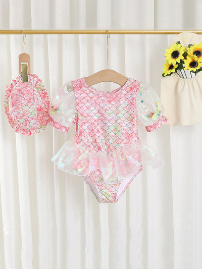 Little Girls Swimwear | Mermaid Scale Sheer Skirted One Piece Swimsuit