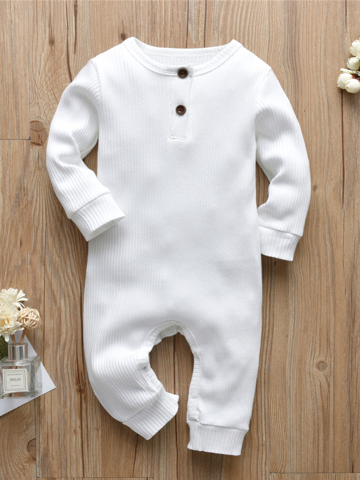 Baby Ribbed Long Sleeve Romper Onesie With Buttons Beige