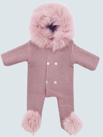 Baby Winter Fur Hood Cardigan Knit Romper with Footies