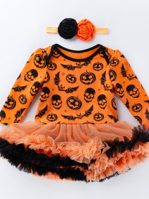 Baby Halloween Pumpkin Tutu Onesie & Headband Set - Mia Belle Girls