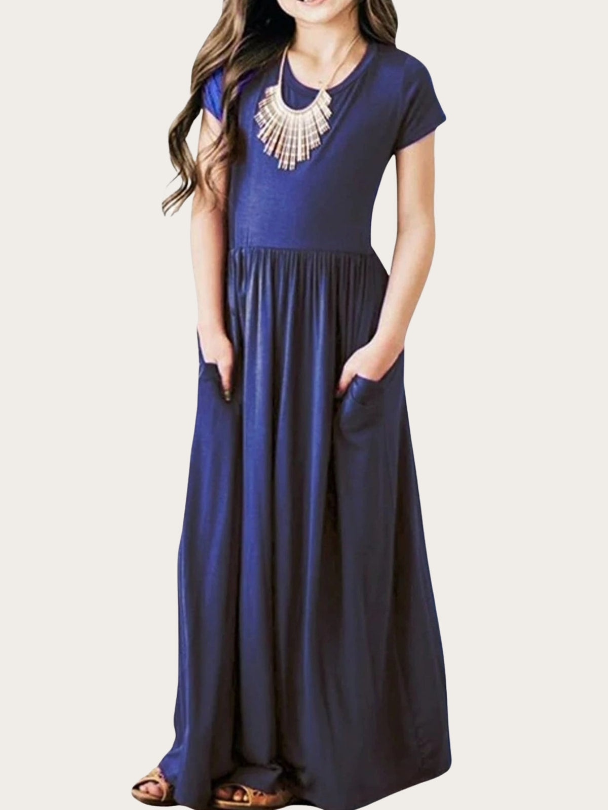 Girls Cute Spring Dresses | Short Sleeve Pockets Pleated Maxi Sundress