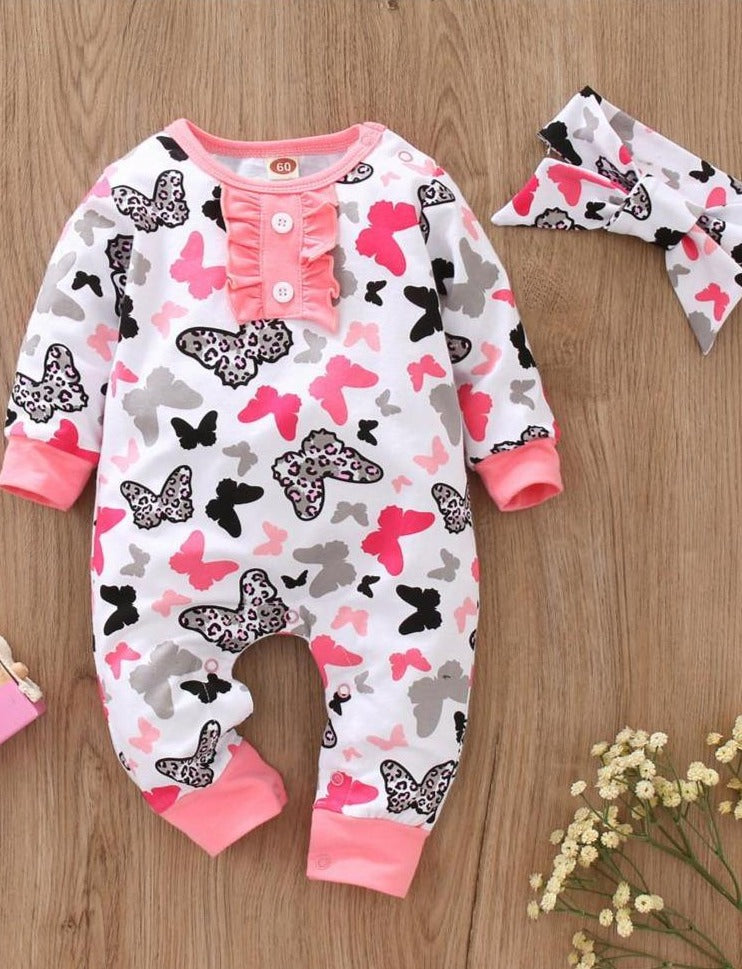 Baby Leopard Print Butterfly Long Sleeve Romper Onesie With Bow Headband Pink