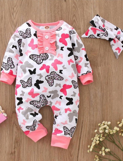 Baby Leopard Print Butterfly Long Sleeve Romper Onesie With Bow Headband Pink