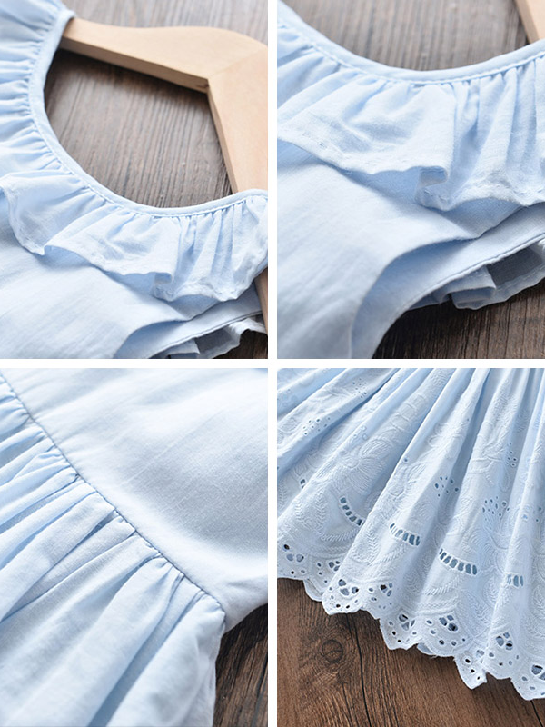 Girls Casual Spring Dresses | Sleeveless Blue Ruffle Eyelet Dress