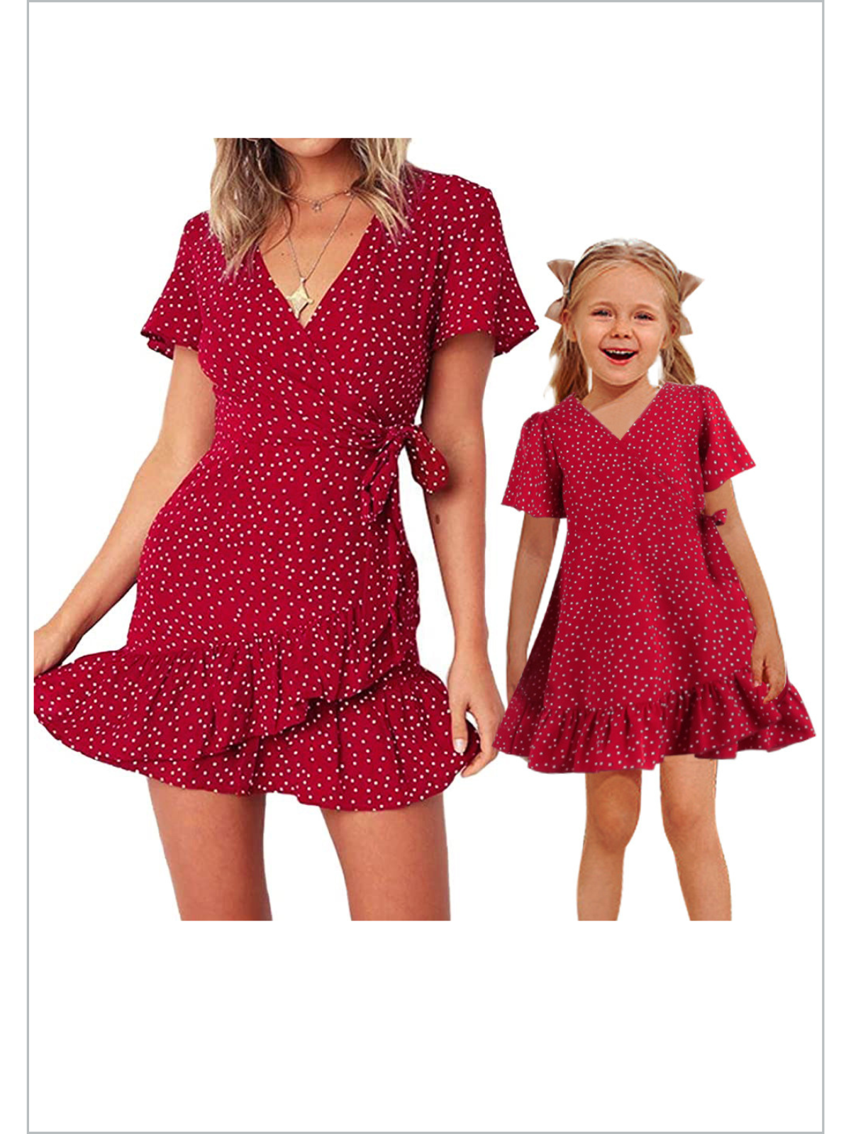 Mommy & Me | Matching Dresses | Short Sleeve Burgundy Polka Dot Dress