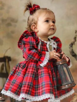 Baby Feliz Navidad Plaid Lace Trim Dress