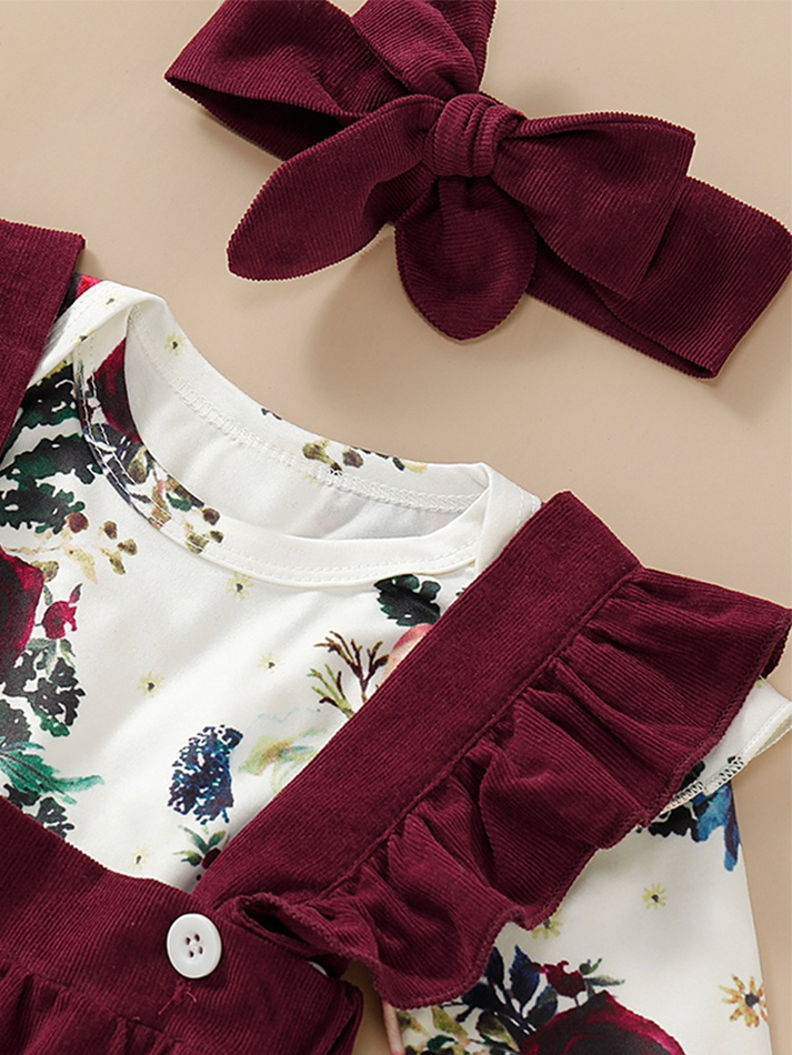 Baby Fancy Floral Onesie, Suspender Romper, And Headband Set