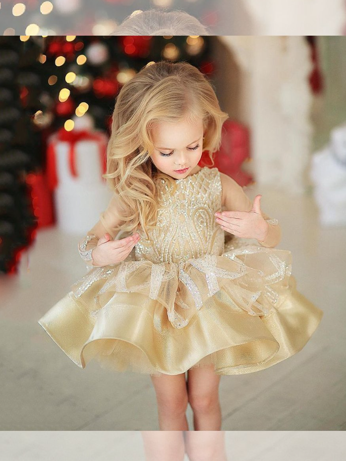 Gold Sequin Mini Dress | Little Girls Formal Dress - Mia Belle Girls