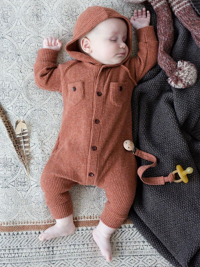 Baby Stretchy Long Sleeve Waffle Weave Hooded Onesie