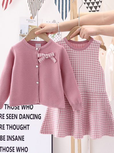 Preppy Chic Clothes | Plaid Dress & Cardigan Set | Mia Belle Girls