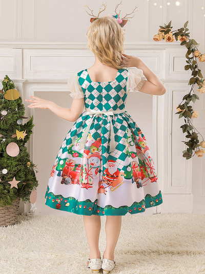 Cute Christmas Dresses | Girls Argyle Puff Sleeve Holiday Scene Dress