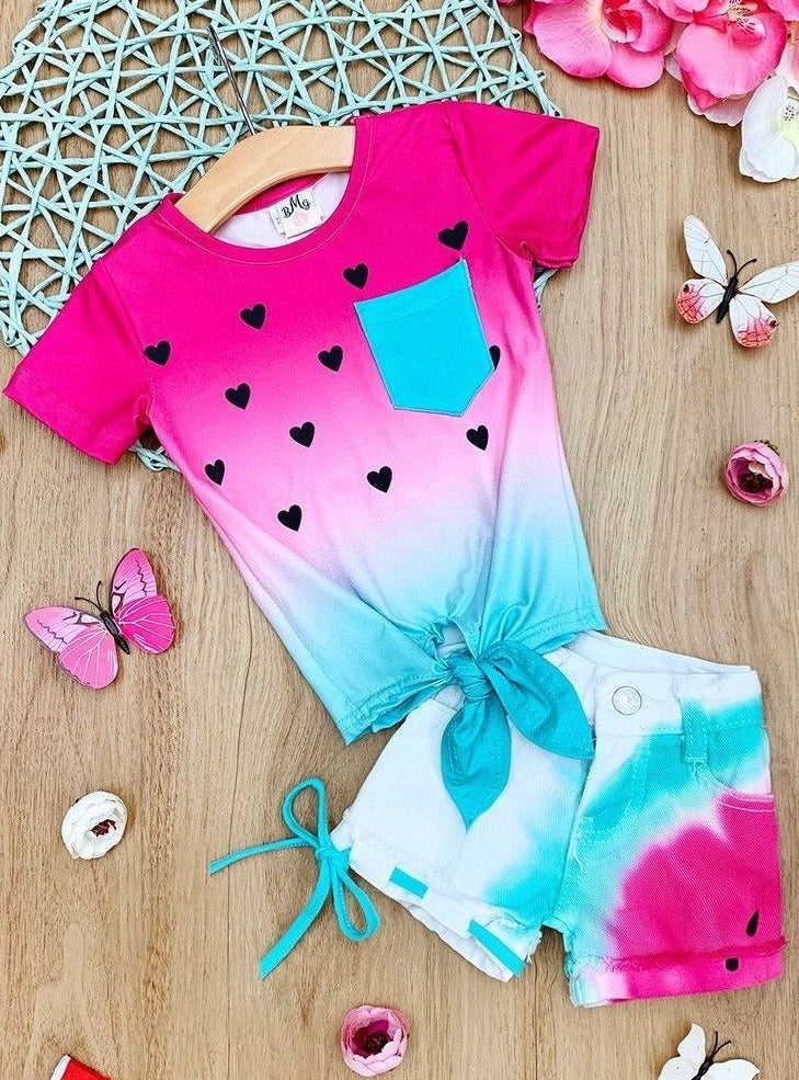 Spring Clothes | Girls Watermelon Heart Knot Top & Denim Shorts Set 