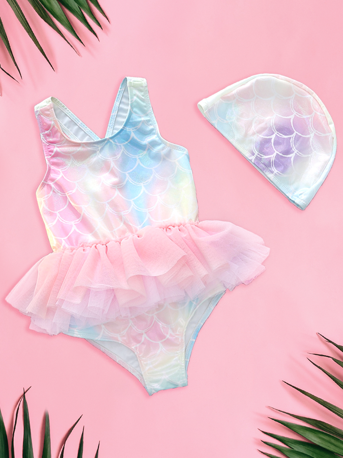 Little Girls Swimsuits | Rainbow Tutu One Piece Swimsuit & Cap Set