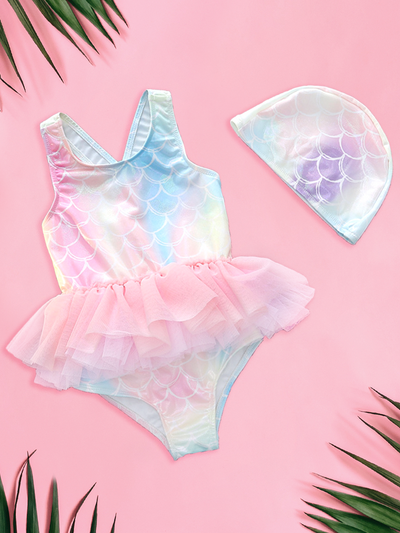 Little Girls Swimsuits | Rainbow Tutu One Piece Swimsuit & Cap Set