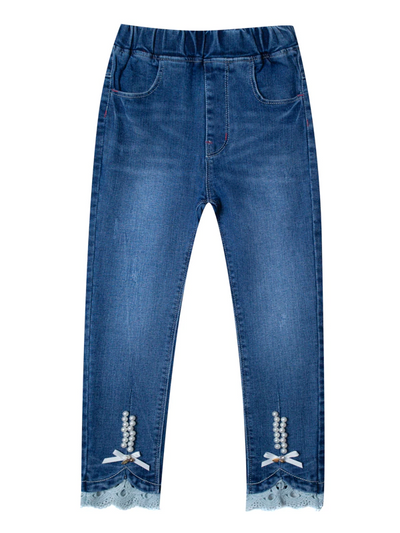 Toddler Clothing Sale | Pearl Accent Lace Hem Jeans | Mia Belle Girls