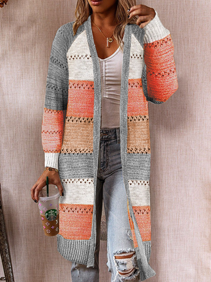Women's Color Block Charisma Knee Length Cardigan Orange