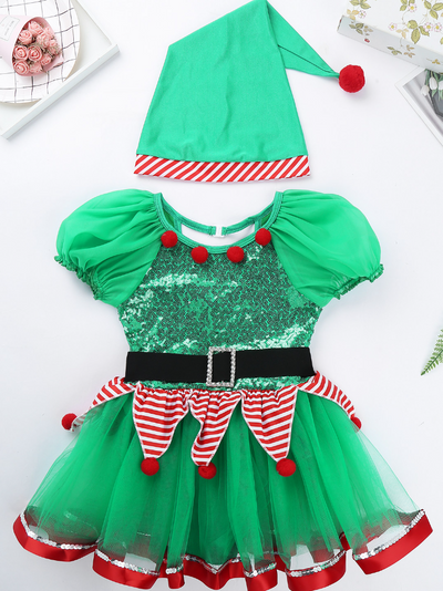 Girls Winter Sets | Girls Sequin Sparkle Elf Tutu Dress & Hat Set