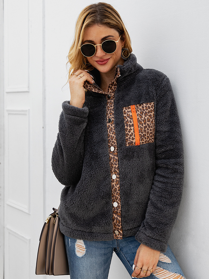 Women's Leopard Lined Plush Button Down Cardigan Grey