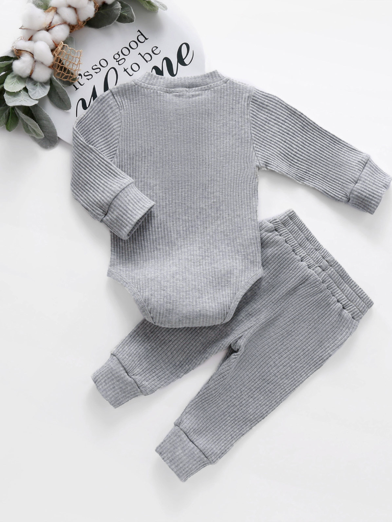 Baby Comfy Cozy Cotton Ribbed Long Sleeve Onesie and Pants Set Grey