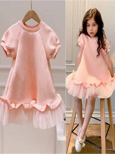 Toddler Spring Dresses | Girls Pink Capped Sleeved Tulle Hem Dress