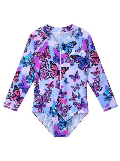 Toddler Rash Guard Swimsuit | Girls Butterfly Print One Piece Swimsuit