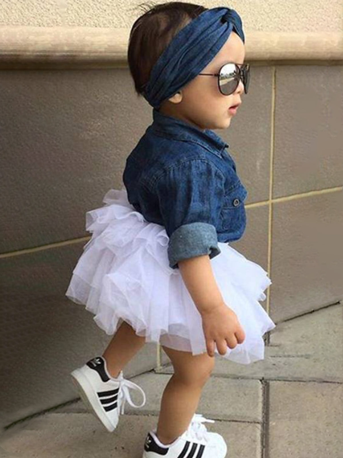 Baby set features a denim shirt with front buttons and a tutu skirt with matching headbands