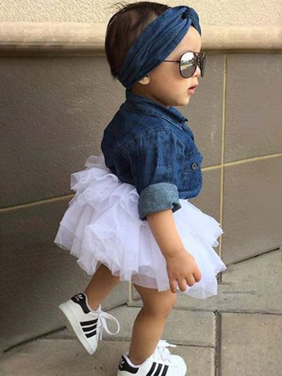 Baby set features a denim shirt with front buttons and a tutu skirt with matching headbands