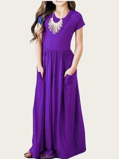 Girls Cute Spring Dresses | Short Sleeve Pockets Pleated Maxi Sundress