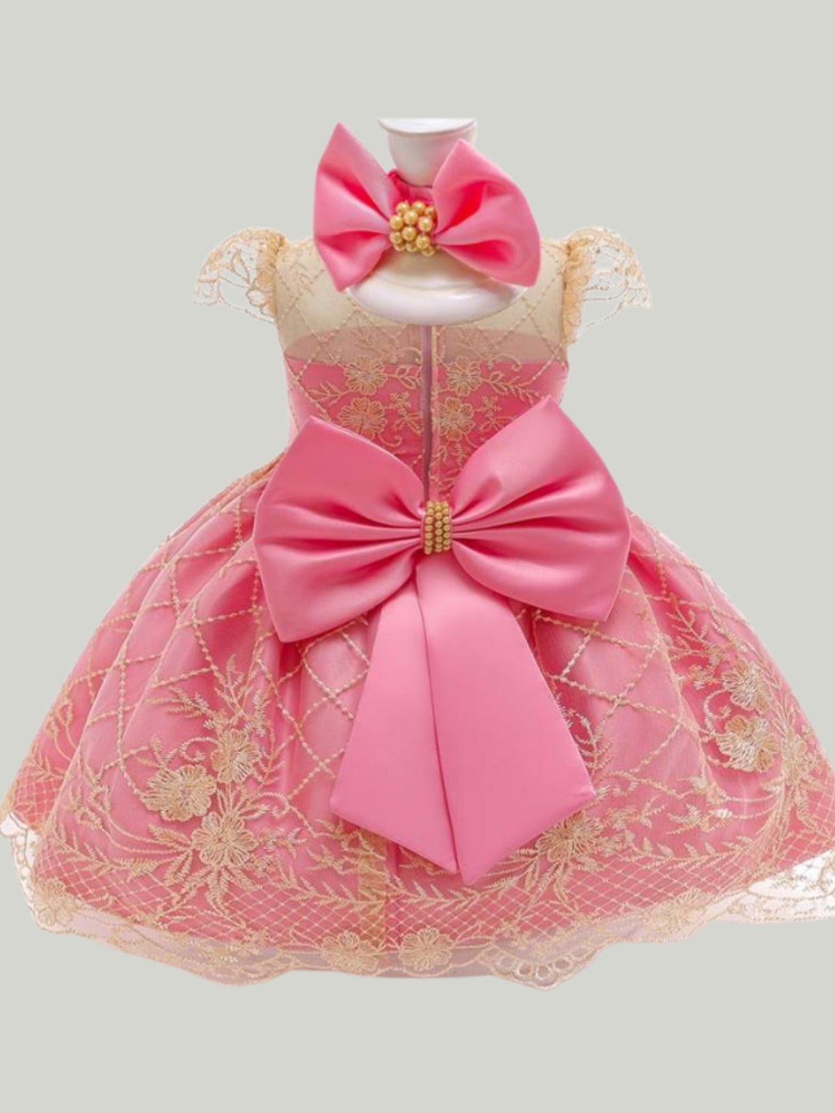 Baby Floral Lace Embroidered Beaded Dress with Bow-Blue