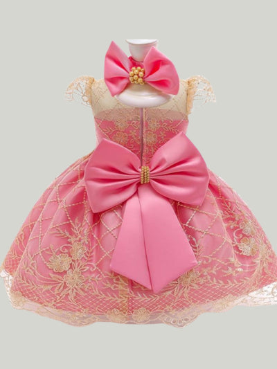 Baby Floral Lace Embroidered Beaded Dress with Bow-Blue