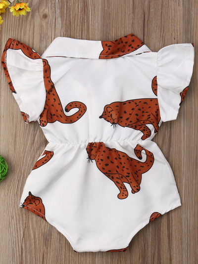 Baby white onesie with leopards printed has ruffled short sleeves and a cute collar. Front button and elastic waist.