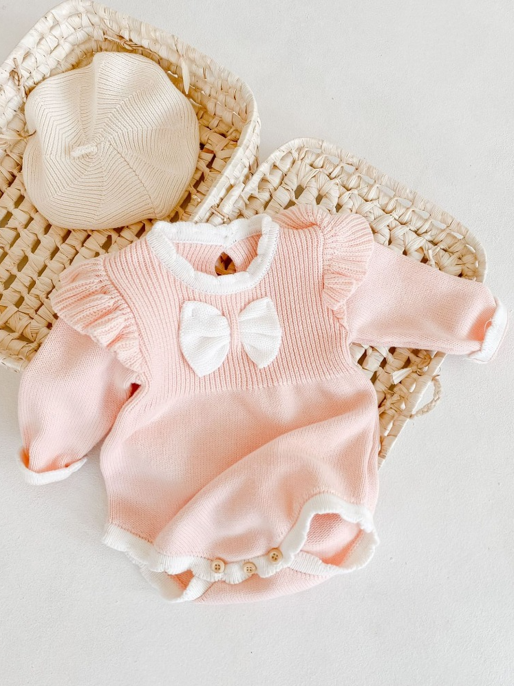 Baby "You're the Knit Girl" Long Sleeve Bowknot Romper Onesie