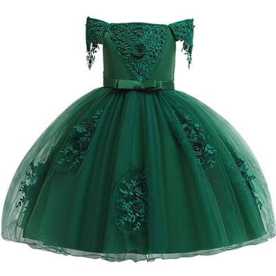 Girls Christmas Dresses | Off Shoulder Lace Applique Holiday Dress