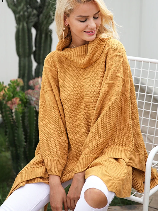 Women's Turtleneck Pullover Poncho Cardigan Yellow