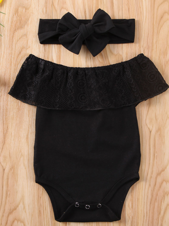 Baby Black stretchy bib with large lace bib, snap closure bottom