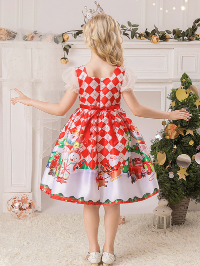 Cute Christmas Dresses | Girls Argyle Puff Sleeve Holiday Scene Dress