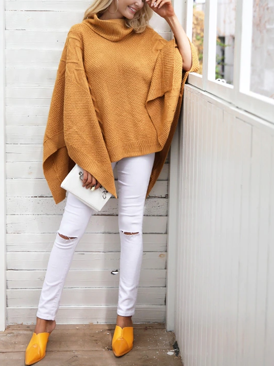 Women's Turtleneck Pullover Poncho Cardigan Yellow