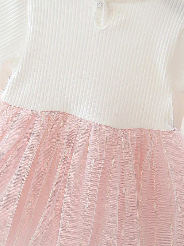 Baby Spring dress has a tulle overlay and a satin belt with a flower applique Pink-White