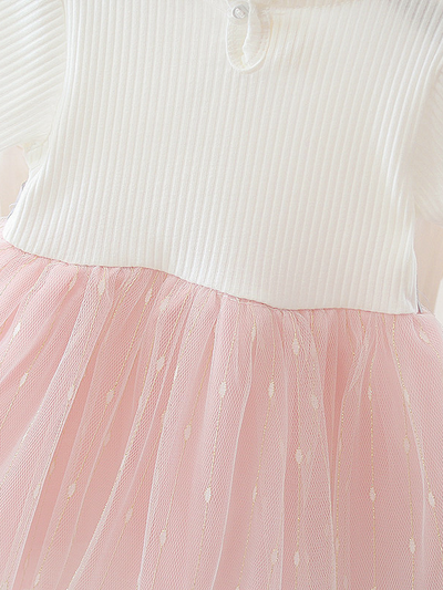 Baby Spring dress has a tulle overlay and a satin belt with a flower applique Pink-White