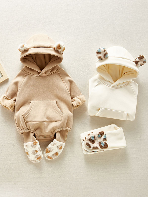 Baby Winter Cute Cub Plush Hooded Sweater and Footie Pants Set