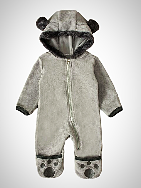 Girls hooded jumpsuit/onesie with little ears on the hood, front zipper closure, and footies