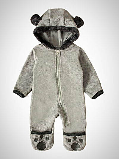 Girls hooded jumpsuit/onesie with little ears on the hood, front zipper closure, and footies