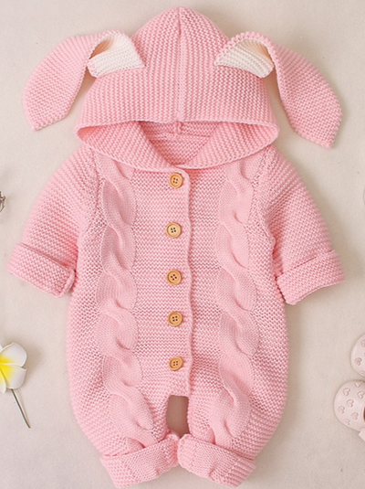 Baby Cute Bunny Cardigan Knit Hooded Romper Onesie Pink