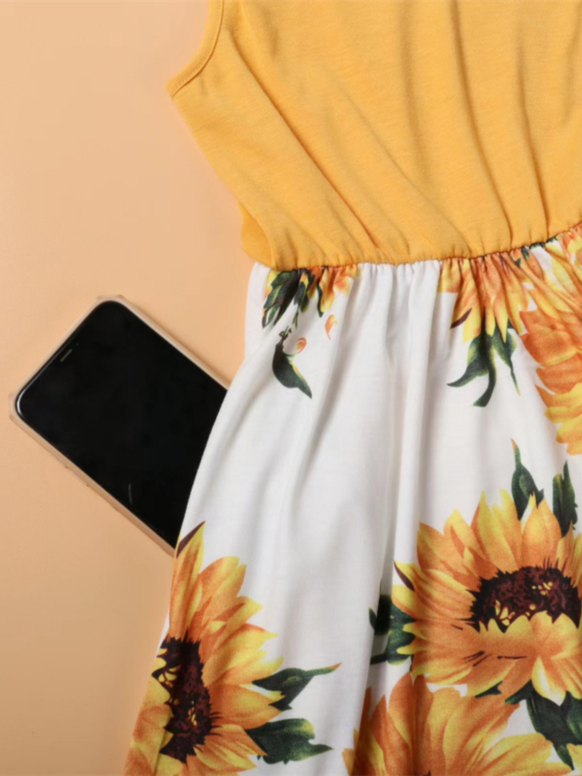 Mommy and me sleeveless maxi dress with yellow tank top bodice and sunflower print skirt - Mia Belle Girls