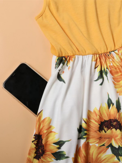 Mommy and me sleeveless maxi dress with yellow tank top bodice and sunflower print skirt - Mia Belle Girls