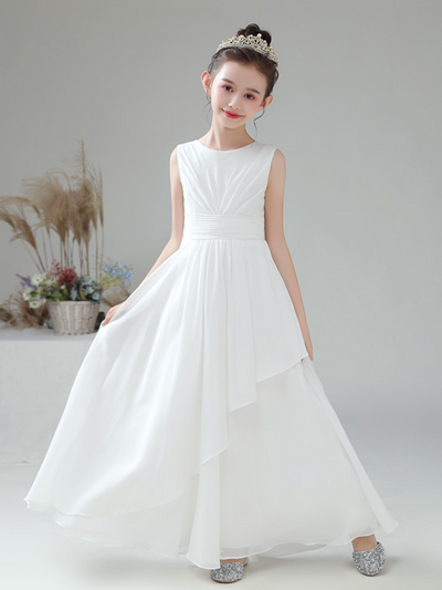 Girls Communion Dresses | White Sleeveless V Back Drape Dress