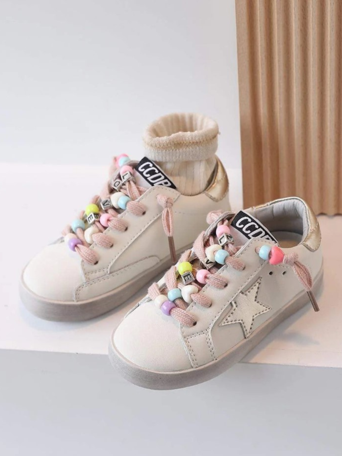 Kids Shoes By Liv & Mia | Girls Beaded Lace Shiny Heel Star Sneakers