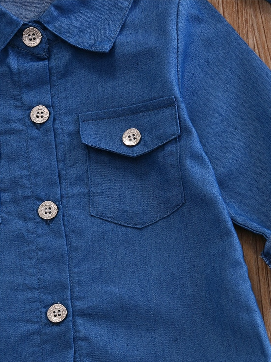 Baby set features a denim shirt with front buttons and a tutu skirt with matching headbands