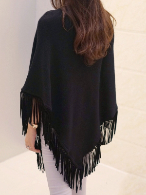 Women's Picturesque Fringe Poncho Sweater Black